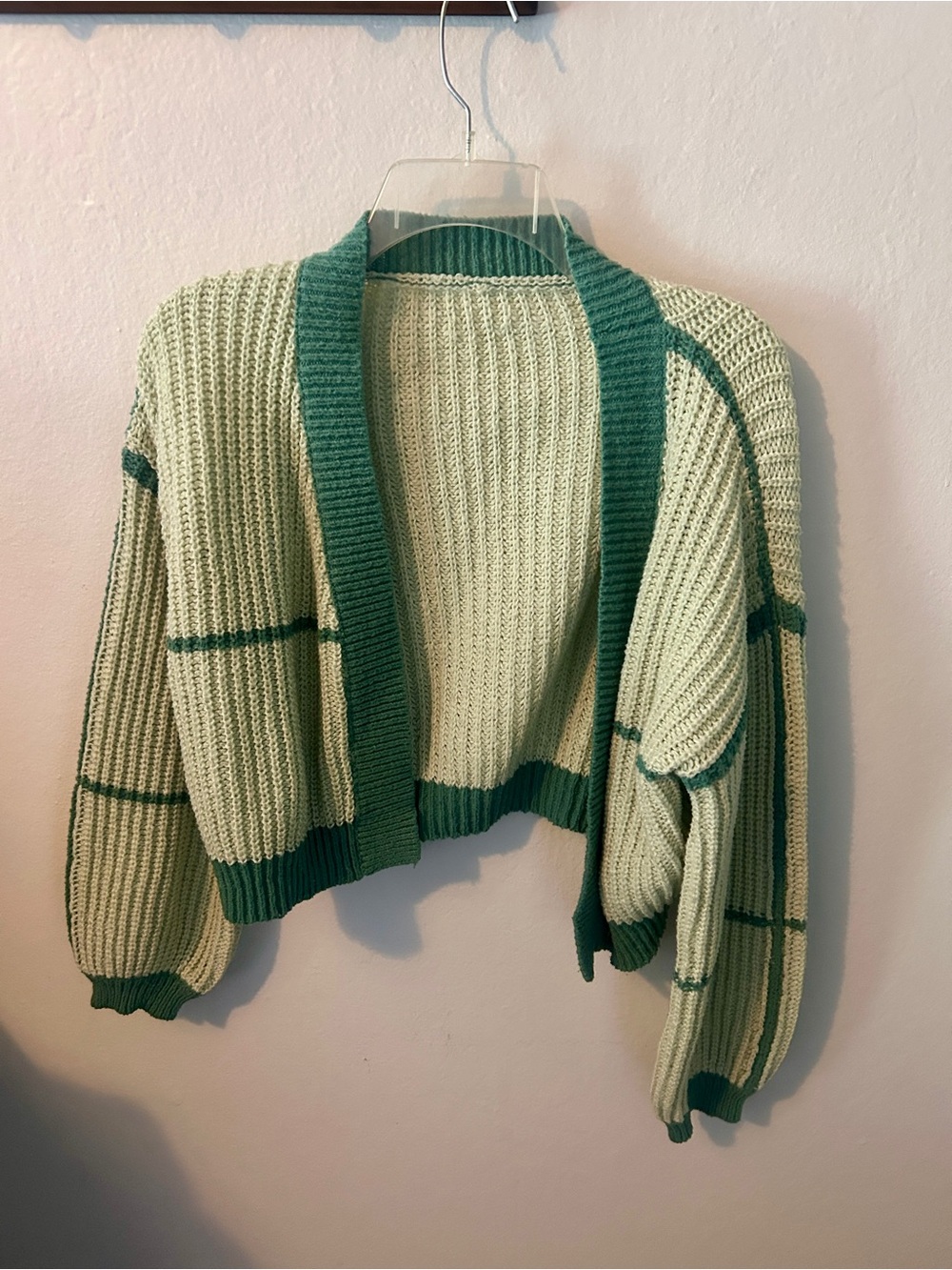 Cropped Green-Trim Knit Cardigan Sweater